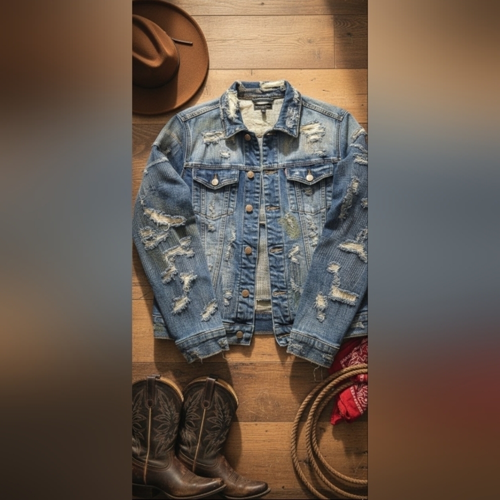 Embellish Denim Western Jeans Jacket Blue Large